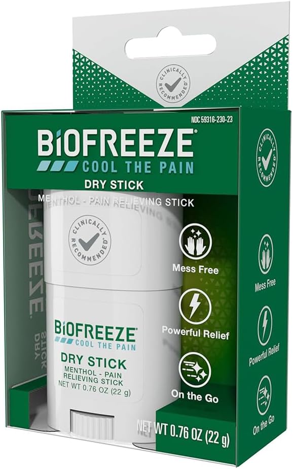 Biofreeze Dry Stick, Mess-Free Relief for Neck, Shoulder, Knee, Hip, Hand & Joint, Cooling Menthol Pain Relief Stick, 100+ Uses (Pack of 2)