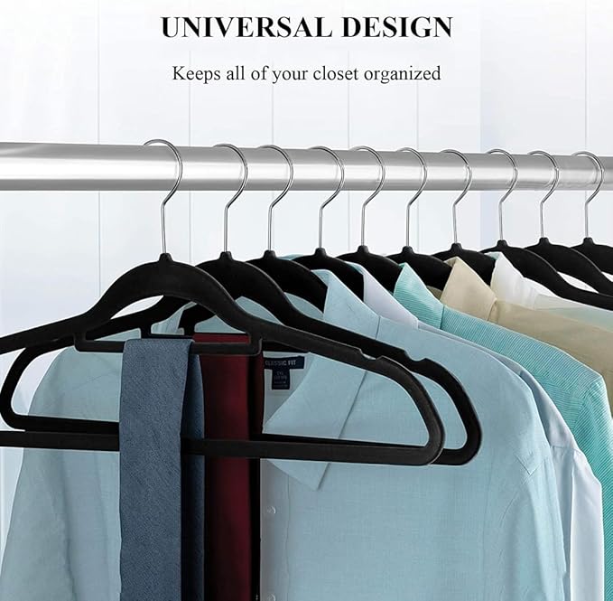 Velvet Non-Slip Hangers 10-Pack with Tie Bar, Flocked Slim Suit Hangers 360 Rotating Hook – Space Saving Closet Organizer for All Clothing (10, Black)
