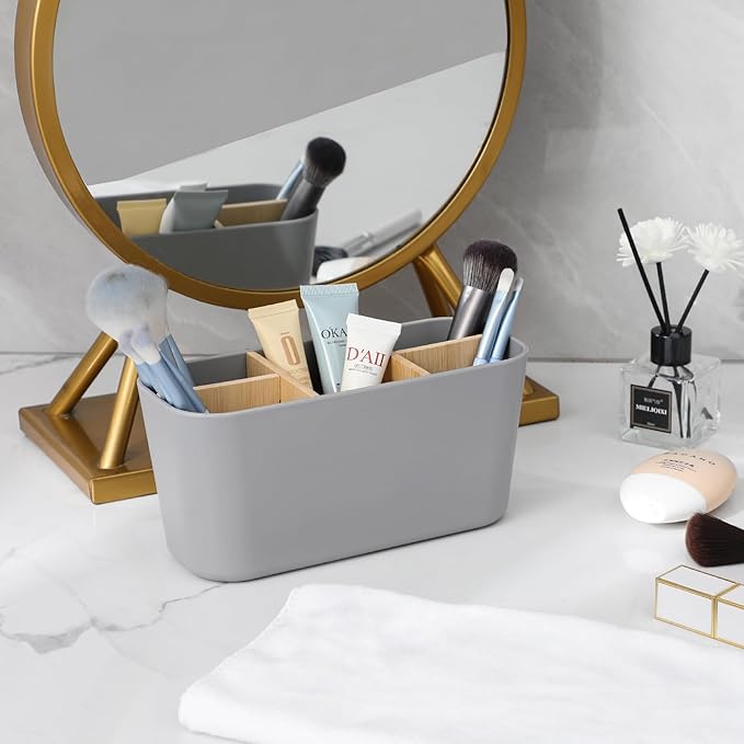 Toothbrush Holders for Bathrooms, Bamboo Tooth Brush Holder with 5 Slots Bathroom Vanity Organizer Countertop for Electric Toothbrushes, Toothpaste, Razors - Gray
