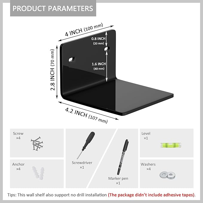 4 Inches Black Small Wall Shelves Set of 2, Acrylic Wall Organizer Shelf Display Shelves for Bedroom, Gaming Room, Living Room, Bathroom, Office, 2 Pack