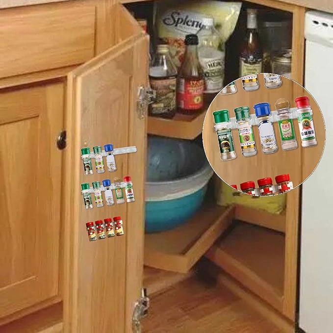 4 Pack 20-Clips Spice Gripper Clip Wall Mounted Kitchen Spice Jar Rack,Organizer Rack,Seasoning Jar Storage Holder,Bottles Clip,Cupboard Spice Rack Cabinet Door with Adhesive Tape