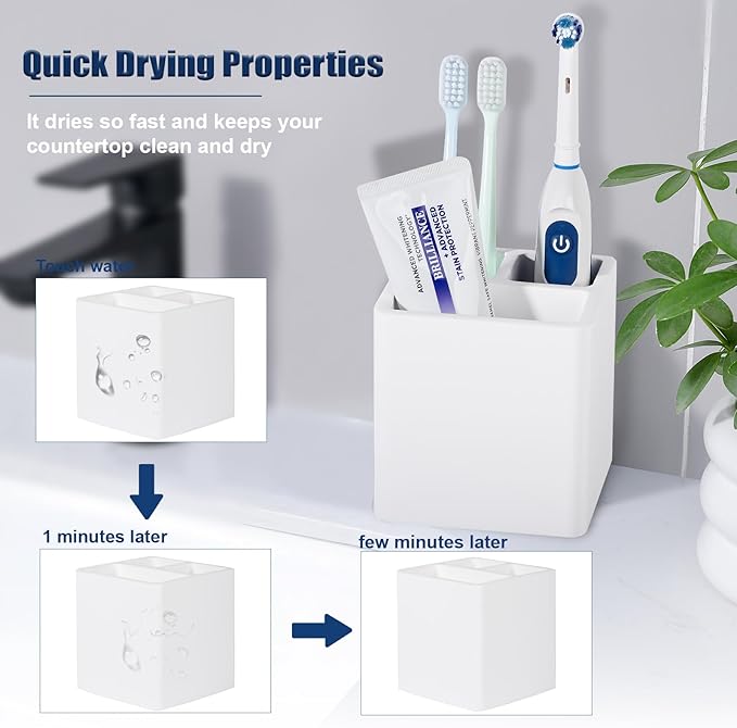 Diatomite Toothbrush Holders for Bathrooms, Electric Toothbrush and Toothpaste Holder 3 Slots Tooth Brush Organizer for Bathroom Countertop, Shower, Vanity - White