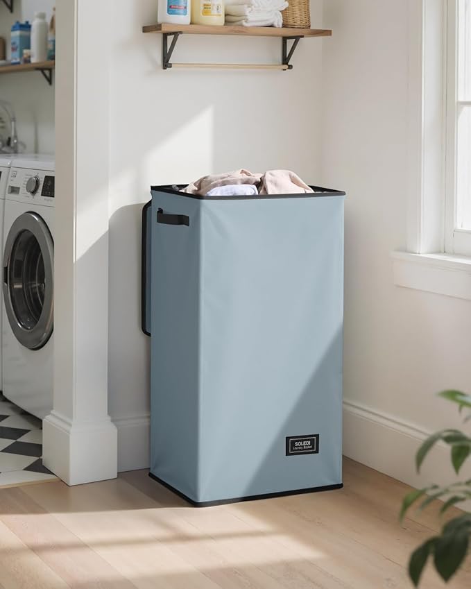 SOLEDI Laundry Hamper with Lid 100L Large & Tall Collapsible Laundry Basket, Clothes Hamper with Bag Removable Easy to Carry, Dirty Hampers for Bedroom, Bathroom, Dorm, College, Blue Grey