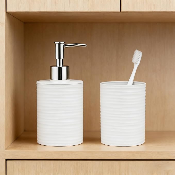 Bathroom Accessories Set, 2-Piece White Soap Dispenser & Toothbrush Holder with Ripple Texture & Rust-Proof Pump, Modern Matte Organization