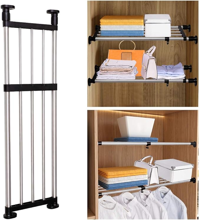 BAOYOUNI Expandable Closet Shelf Tension Rod Clothes Hanger Storage Rack Adjustable DIY Shelving Unit Cabinet Kitchen Bathroom Divider Separator Organizer, Black