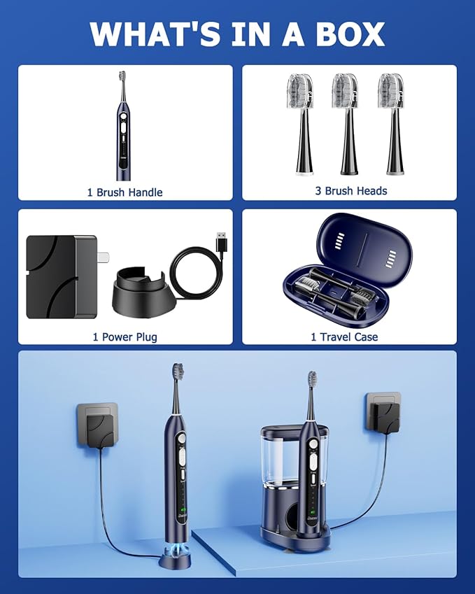 Electric Toothbrush with Water Flosser Combo: 3 in 1 Rechargeable Flossing Toothbrush for Adults, 3 Brush Modes & 5 Water Pressure, Portable&Whitening Dental Care, 500ML Cordless Brush Cleaning Kit