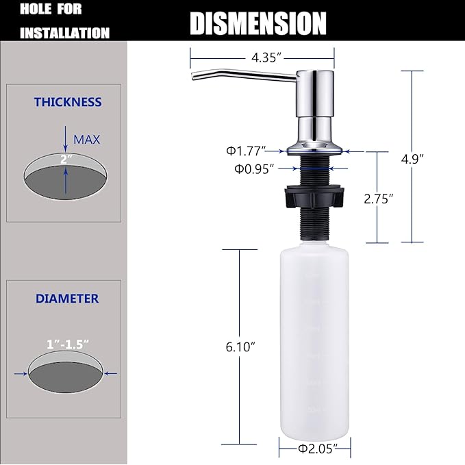 Soap Dispenser for Kitchen Sink Chrome, Sink Soap Dispenser Stainless Steel Refill from The Top Built in Sink Soap Dispenser with 13 OZ Soap Bottle