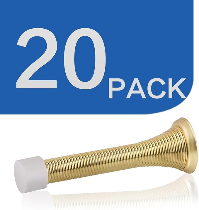 HOMOTEK 20 Pack Spring Door Stopper with Rubber Bumper 3-1/8" Flexible Spring Heavy Duty Wall Door Stop Low Mounted Door Bumper for Home (Bright Brass)