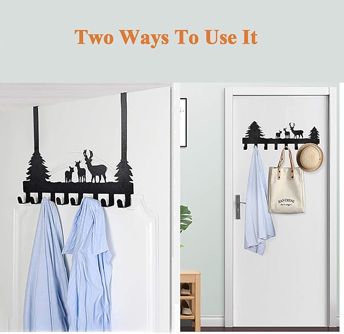 BeiLeiNiceHK Over The Door Hook Easy Installation Organizer Coat Hooks Wall Mounted Metal Towel Hook Rack Animal Deer Hanger for Bathrooms Door Hanging Dual Mounted Key Hooks 8-Hooks,Black