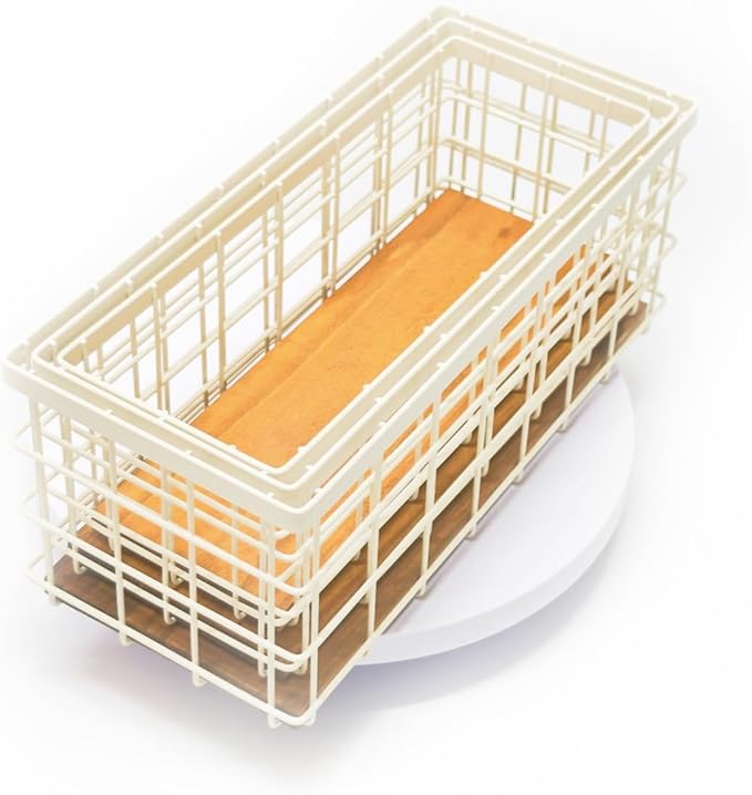 TIEYIPIN Farmhouse Decor Metal Wire Storage Baskets, Wood Base Containers Organizing Basket Caddy Bin for Kitchen Cabinets, Bathroom, Pantry, Garage, Laundry Room, Closets - Cream White (Set of 3)