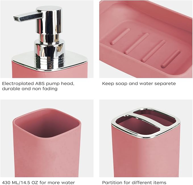 4Pack Bathroom Accessories Set, Bohemian Bathroom Sink Set, Contain Soap Dispenser, Toothbrush Holder, Soap Dish & Mouthwash Cup,Square soap and Toothbrush Holder Set