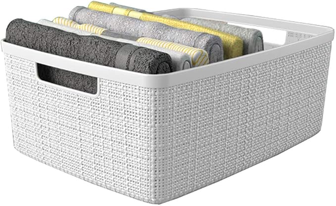 Curver Set of 6 Medium 12L Jute Decorative Plastic Organization and Storage Baskets - Perfect Bins for Home Office, Closet Shelves, Kitchen Pantry and All Bedroom Essentials, White