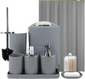 Grey Bathroom Accessories Set with Shower Curtain, Trash Can, Lotion Soap Dispenser, Soap Dish, Toothbrush Holder, Toothbrush Cup, Toilet Brush Holder and Tray for Bathroom Decor