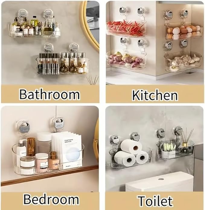 Bzxpk No-Drill Bathroom Suction Storage Box – Large Capacity & Strong Load-Bearing, Suction Cup Shower Shelf with Drain Holes, Wall-Mount Shower Caddy for Bathroom & Kitchen (Gold)