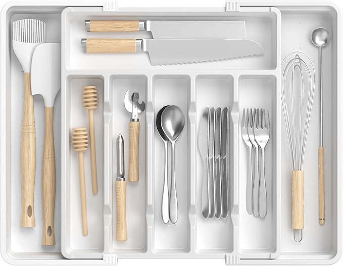 Large Silverware Organizer,Expandable Utensil Drawer Organizer,BPA Free Utensil Holder,Adjustable Silverware Tray Cutlery Drawer Organizer for Kitchen Flatware,Large,White (6-8 Slots)