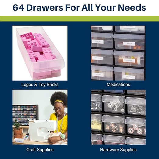 Akro-Mils 64-Drawer Plastic Drawer Storage Cabinet for Garage Organization, Bead Organizer, Building Bricks Storage, Teacher Toolbox, Makeup Organizer, 20-Inch W x 6-Inch D x 16-Inch H, 10164 White
