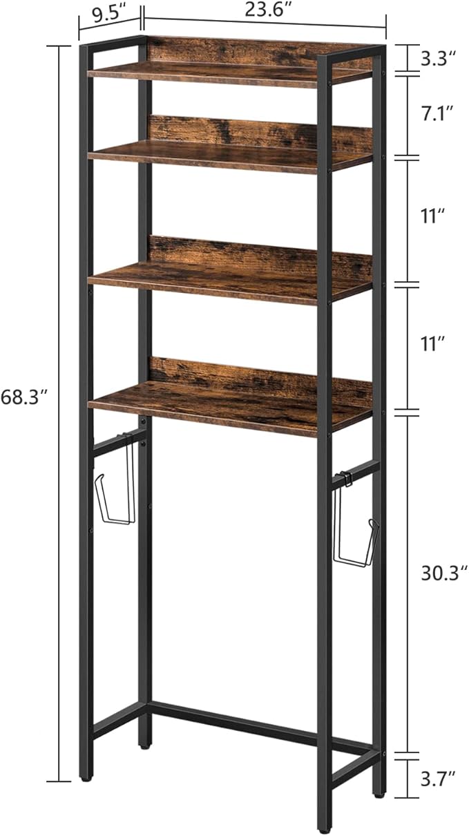 Over The Toilet Storage Rack, 4 Tier Bathroom Organizer Over Toilet, Freestanding Space Saver Toilet Stand with 2 Hooks, Bathroom Storage Shelf, Easy to Assemble, Rustic Brown TSHR0401Z