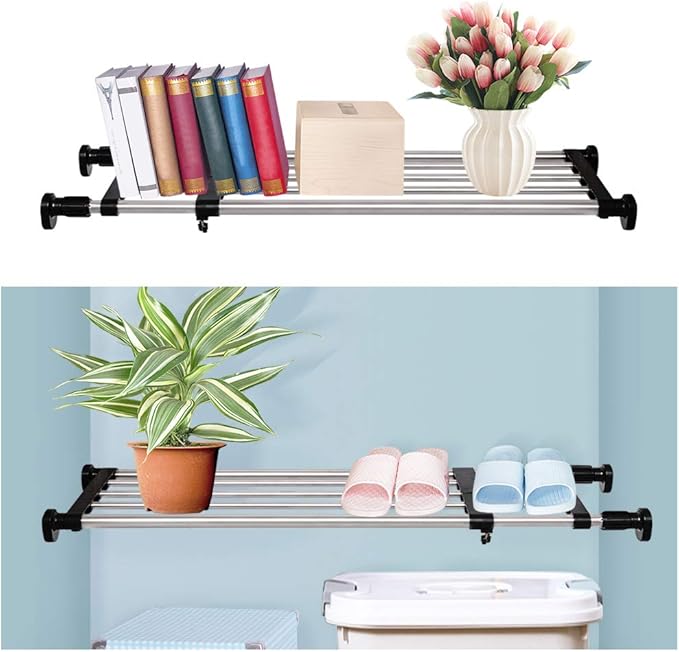 BAOYOUNI Expandable Closet Shelf Tension Rod Clothes Hanger Storage Rack Adjustable DIY Shelving Unit Cabinet Kitchen Bathroom Divider Separator Organizer, Black