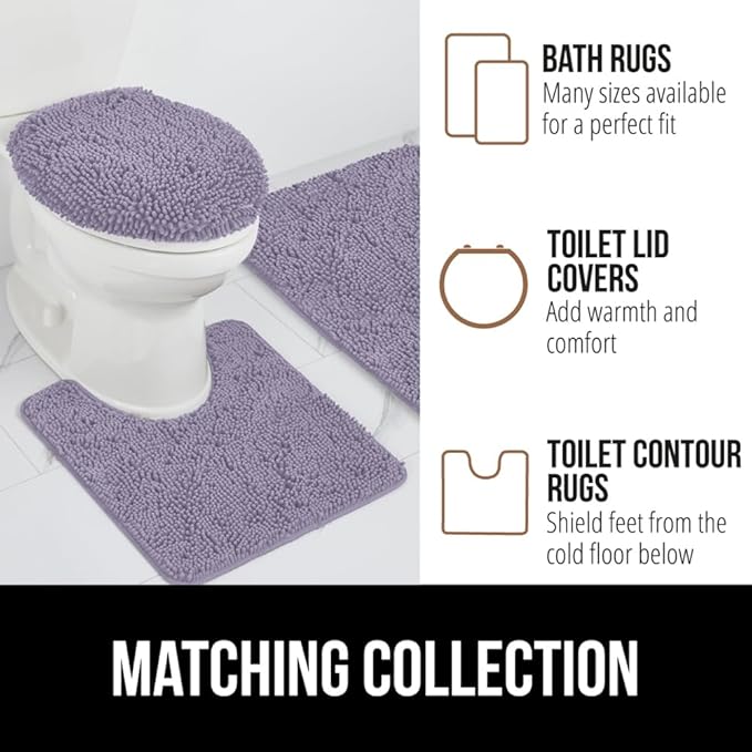 GORILLA GRIP Plush Absorbent Shaggy Chenille Bath Rug Mat for Oval Toilet Base with Rubber Backing, Machine Washable Rugs, Soft Microfiber Contour Mats for Toilets, Bathroom Decor, Lt Purple