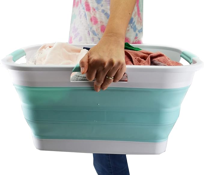 SAMMART 30L (8 gallon) Collapsible Plastic Laundry Basket - Foldable Pop Up Storage Container/Organizer - Portable Washing Tub - Water Capacity 24L(6.3 gallon) (1, White/Lake Green)