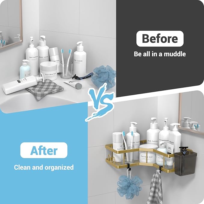 Corner Shower Caddy Organizer Shelf: 2Pack Adhesive Shower Rack, No Drilling Stainless Steel Shower Storage Shelves for Bathroom Kitchen (Gold)