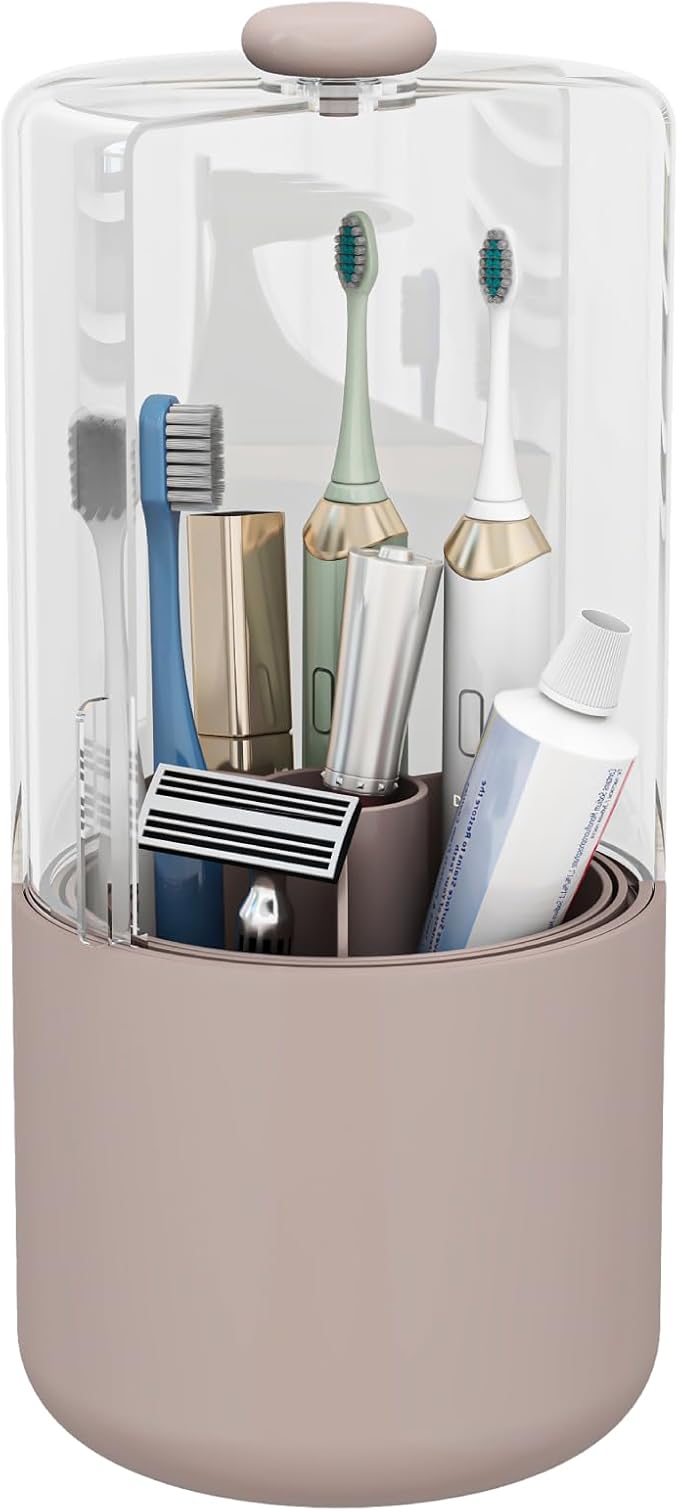 YOOLENS Toothbrush Holder with Cover 360 Rotating 4 Compartments Bathroom Toothpaste Electric Toothbrush Organizer, Pink