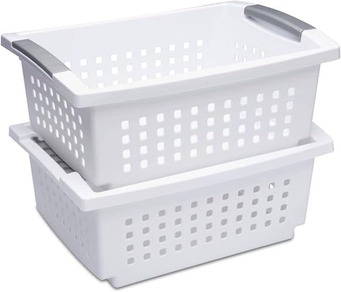 Sterilite 10-Pack Medium Stacking Basket, Open Top Plastic Storage Organizer, White - Stackable Crate Containers for Countertop, Cabinet, Pantry Shelf, Laundry Room, Bathroom & Home Office