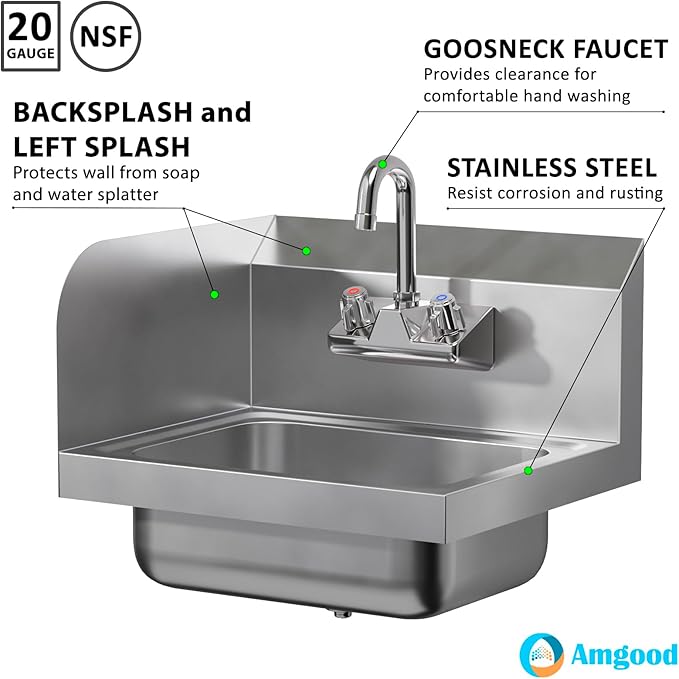 AmGood Stainless Steel Wall Mount Hand Sink with Faucet and Left Sidesplash 17" x 15" | NSF Commercial Hand Washing Basin For Restaurant, Kitchen and Home | Bowl Size: 10" x 14"