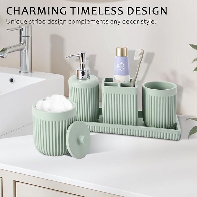Light Green Bathroom Sets with Shower Curtain and Rugs, 8-Piece Resin Bathroom Accessories Sets Complete, Soap Dispenser, Toothbrush Holder, Tumbler, Tray & Apothecary Jars Bathroom Essentials