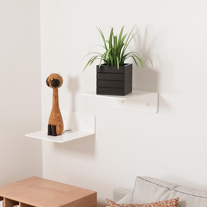 Wisfame Small White Shelves for Wall, 4.92 Inch Metal Floating Shelves for Echo, Cameras, Small Speaker, Adhesive Display Ledges, No Drilling Wall Shelves for Bathroom, Living Room, Bedroom, 2 Pack