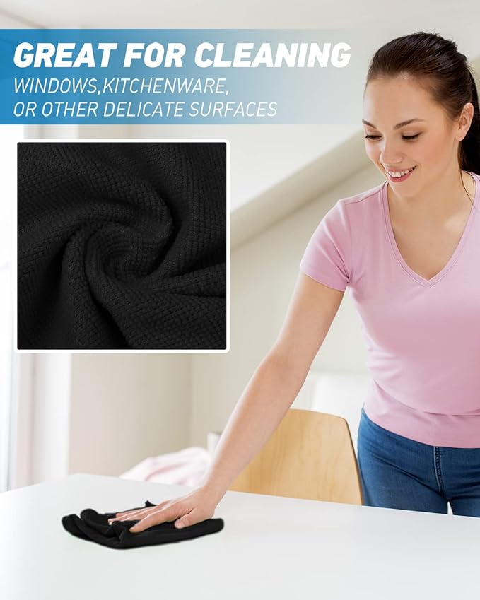 WEAWE Microfiber Cleaning Cloth-24Pcs (13x13 inch) Ultra Soft Highly Absorbent Rags for Housekeeping-Machine Wash (Black)