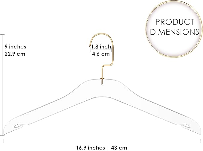 Acrylic Hanger | Sleek, Modern Clothes Hanger with Gold Hook | High End Closest Organizer Space Saving Hangers for Shirts, Jackets, Sweaters, Tops & More | 10 Pack
