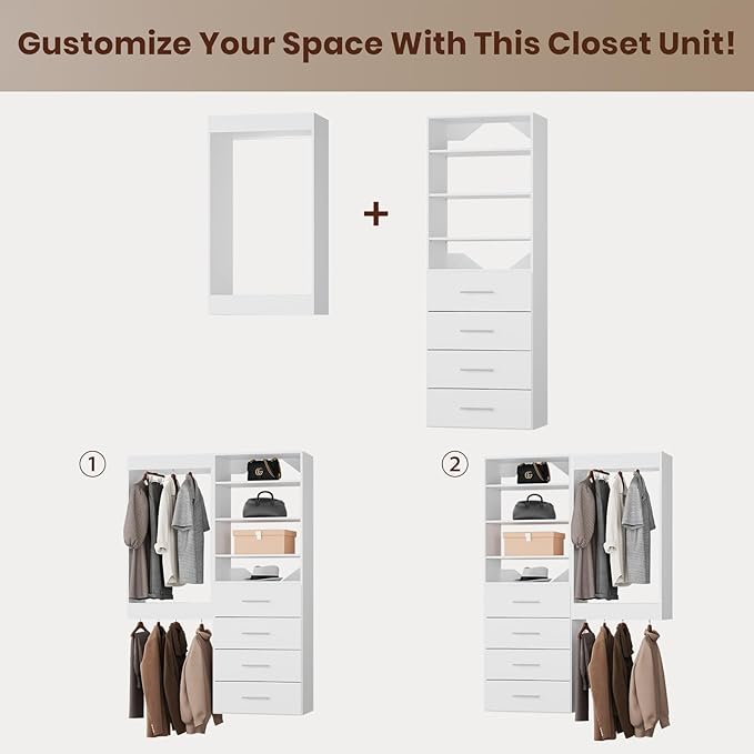 ROOMTEC Modular Closet System, 55" Wall-Mounted Closet Organizer with Drawers and Hanging Rods, Wooden Tower for Walk-In Closets, Wardrobe Storage Kit, White