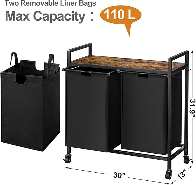 WOWLIVE Double Laundry Hamper with Lid,Rolling Laundry Basket Organizer with Wheels, Iron-Made Laundry Sorter with Top Shelf and 2 Removable Bags,Large Clothes Storage for Room,Black 1