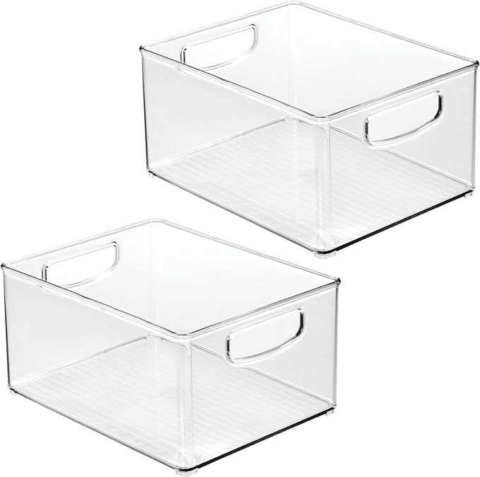 iDesign Plastic Stackable Pantry Bin - Organizer Bin with Handles for Cabinets or Fridge - Set of 2 - Clear
