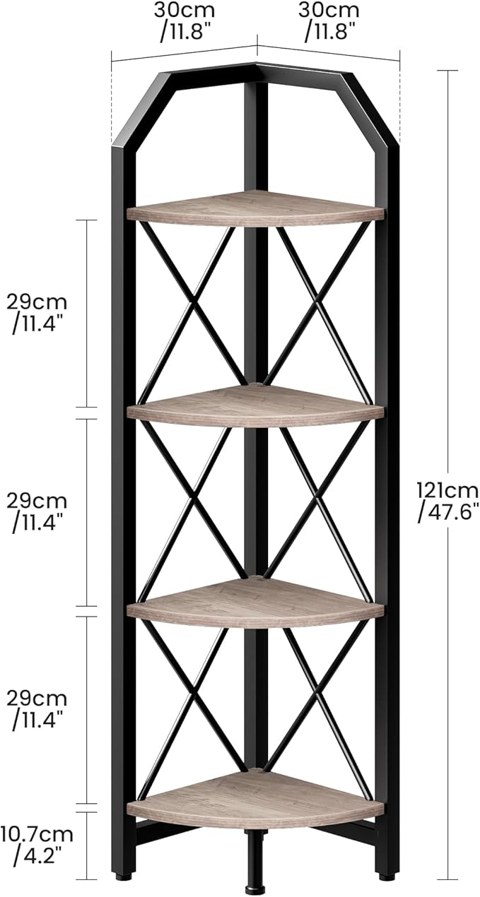 4-Tier Corner Shelf, Industrial Corner Bookshelf, 47.6" Corner Storage Stand, Plant Stand Display Shelf, Corner Bookcase for Bedroom, Living Room, Home Office, Greige and Black TCJ09BG