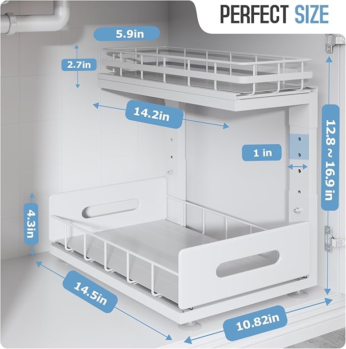 Under Sink Organizer Upgrade To Professional Rails,2-Tier Dual Pull Out Cabinet Storage,Height Adjustable Slide Out Drawers For Bathroom Kitchen,2 Pack-14.5"Dx12.8"-16.9"H,White