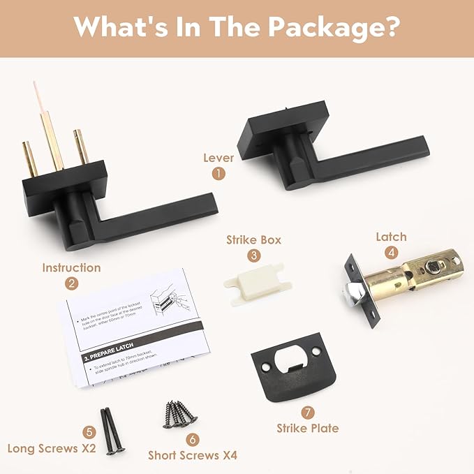 Passage Square Keyless Door Handle Without Key,Only Latch Required,Interior Exterior Free Rotation/One-Touch Opening,Reversible Left Right Lever Lock,ADA-Compliant,for Hallway Closet