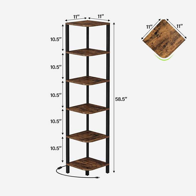 TUTOTAK Corner Shelf with LED Light, 6-Tier Corner Bookshelf for Small Space, Narrow Display Corner Shelf Stand with Storage Rack, for Living Room, Bedroom, Rustic Brown BS08BB006L