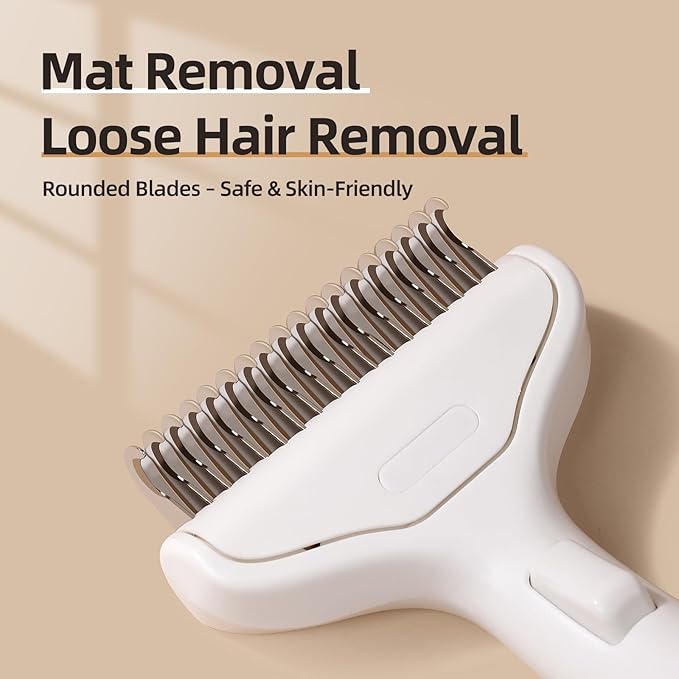 Pet Grooming Combo Tool for Cats and Dogs, Deshedding and Dematting Rake with Metal Comb forDetangling Long, Matted Fur (White)
