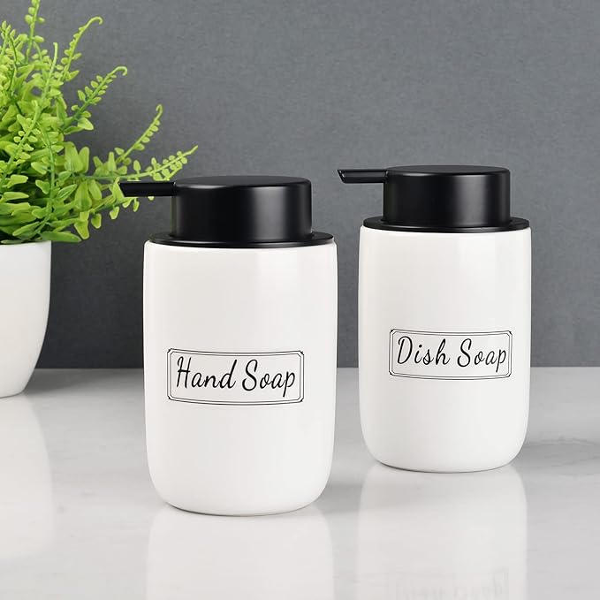 BosilunLife Foaming Soap Dispenser Set - White Ceramic Foam Hand Dispenser 12oz Soap Dispenser Set with Rust Proof Pump, 4Pcs Clear Stickers for Kitchen, Bathroom - 2 Pack