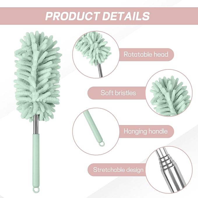 2PCS Car Interior Duster with Extension Pole, Soft Chenille Microfiber Duster for Cleaning, Scratch Free & Lint-Free, Washable Cleaning Brushes for Vehicle Details, Home, Office (Green)