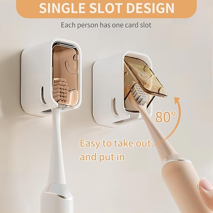 Wall Mounted Toothbrush Holders for Bathroom, 2 Pcs Strong Self Adhesive Tooth Brush Holder with Cover, Toothbrush Heads Organizer for Family, Brown