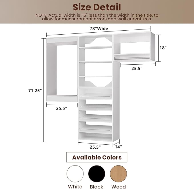 ROOMTEC Modular Closet System, 78" Wall Mounted Modern Closet Organizer with Hanging Rods and Shoe Shelf, Wooden Tower for Walk-In Closets, Wardrobe Storage Kit, White