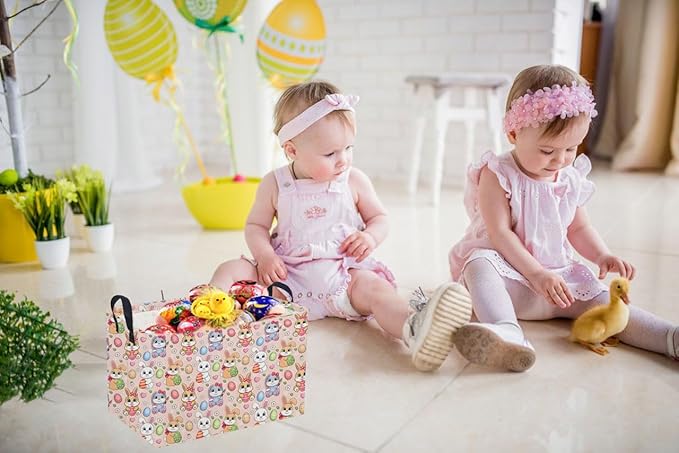 Sanjiaofeng Rectangular Easter Basket Eggs Storage Bins,Cute Storage Basket with Handles.Clothers,Books,Kid's Gifts Bins. (Pink eggs)