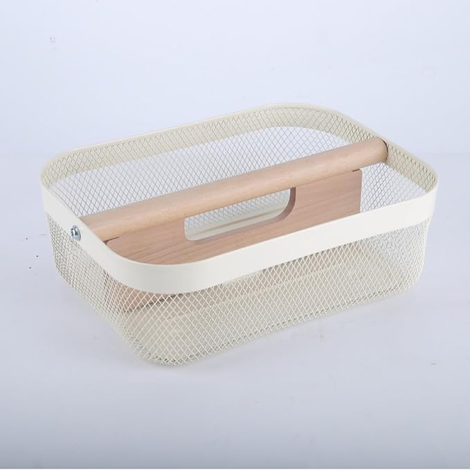 Metal Mesh Steel Storage Basket, Garden Harvest Wire Organizer Basket Multi-functional Kitchen Fruit Basket with Wooden Removable Partition & Handle for Bath Picnic Decor Cabinet, Cream White