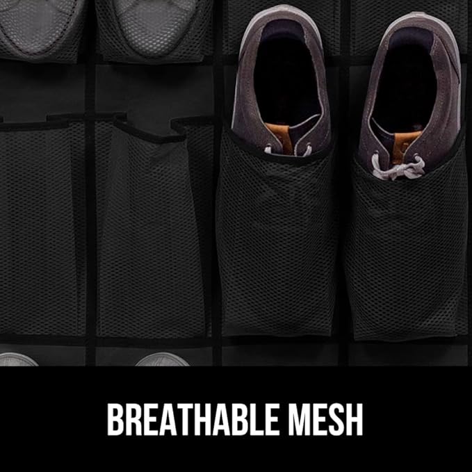 GORILLA GRIP Over the Door Shoe Organizer, 24 Large Breathable Mesh Pockets, Space Saving Hanging Storage Holder, Closet Rack Hanger Holds Up to 40 lbs, Hangs on Closets for Shoes, Accessories, Black