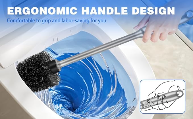 Toilet Brush and Holder 2 Pack with Long Handle - Non-Slip Grip Toilet Bowl Brush Set for Deep Cleaning Bathroom, Toilet Scrubber- Gray