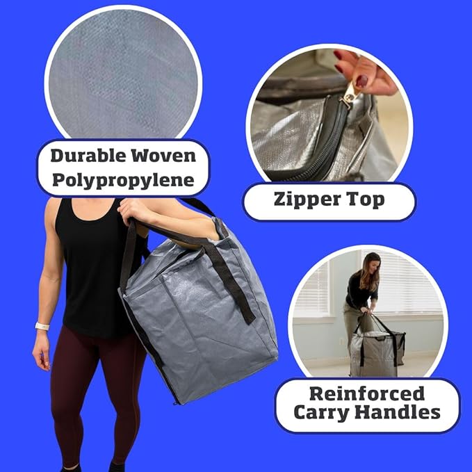 DURASACK Heavy Duty Storage Tote Bag with Zipper Top 22-Gallon Rugged Woven Polypropylene Moving Bag, Reusable Self-Standing Design, Holds up to 500 Pounds, Single, Gray