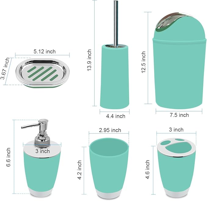Bathroom Accessories Set, 6-Piece Plastic Gift Set, Toothbrush Holder, Toothbrush Cup, Soap Dispenser, Soap Dish, Toilet Brush Holder, Trash Can (Mint Green)